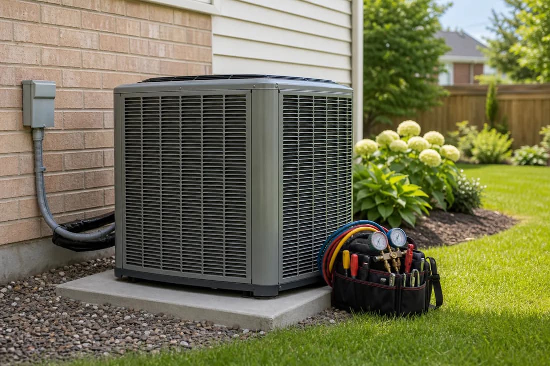 Outdoor residential air conditioner with HVAC service tools