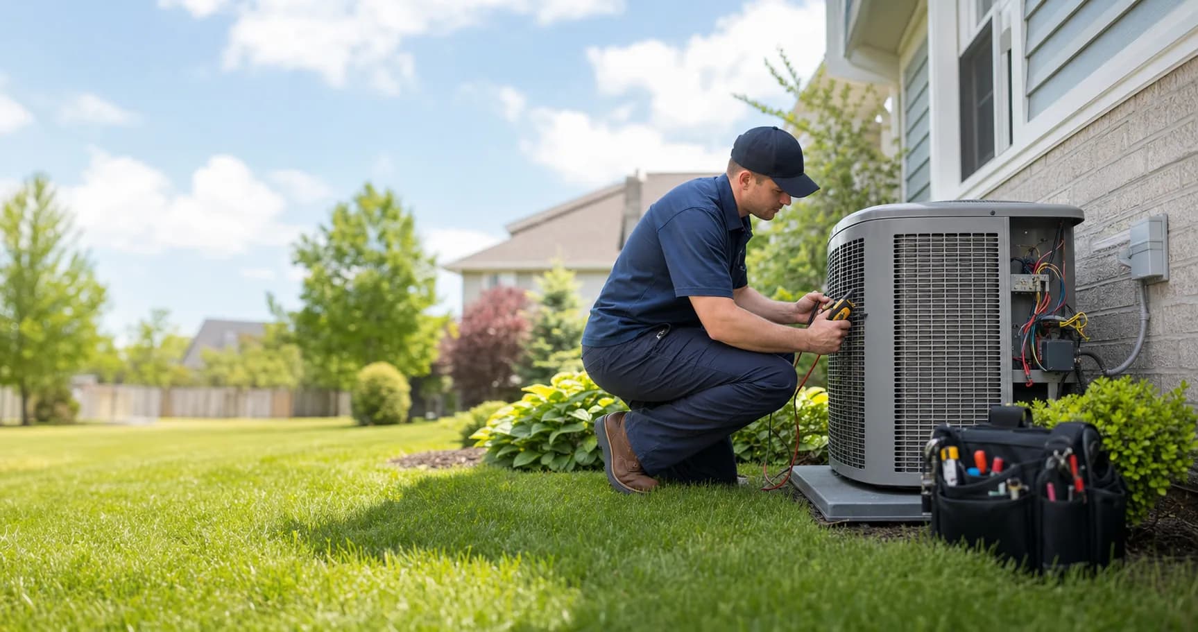 HVAC technician repairing an outdoor residential air conditioner